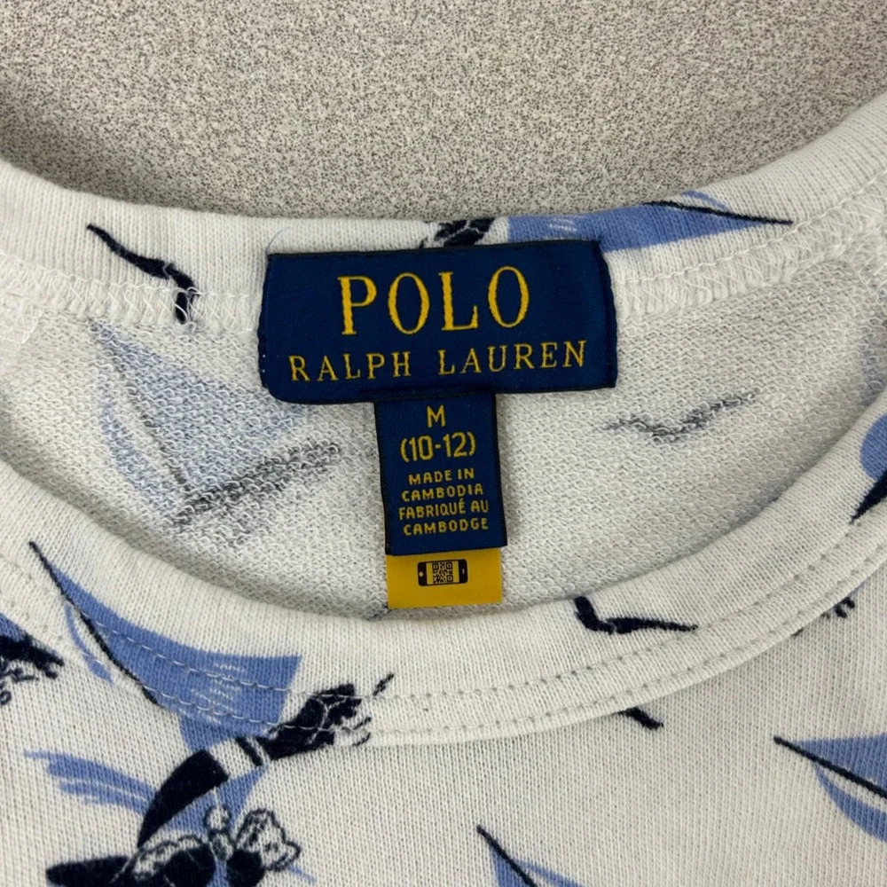 Polo Ralph Lauren Boys Spa Terry Sweatshirt White Blue Sailboats Bear Sz M 10-12
